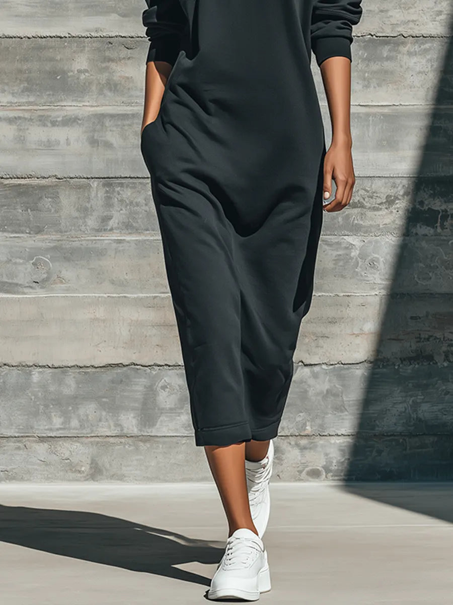 Women's Solid Black Soft Cotton Blend Sweat Midi Gown With Drop Shoulder Long Sleeves & Ribbed Cuff Hem, Effortless-Chic Loungewear Loose Midi Dress MDZ1613G9LYL