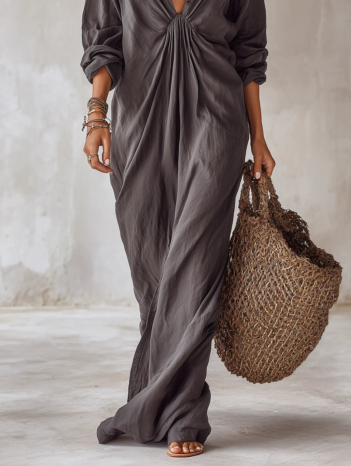 Women's Minimalist Linen-Blend Long-Sleeve Straight-Cut Maxi Shirt Dress MDZ0837G8WY