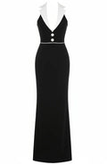 Halter Lapel Collar Maxi Dress Black White