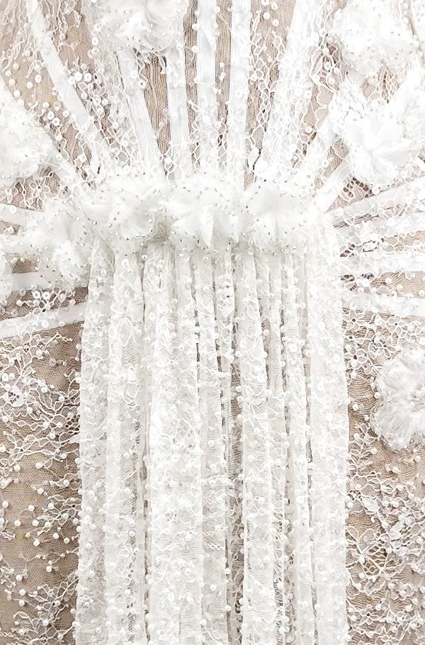 Strapless Pearl Sequin Lace Corset Maxi Dress White