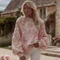 Women's Pink Floral Embroidery Art Crew Neck Casual Sweatshirt