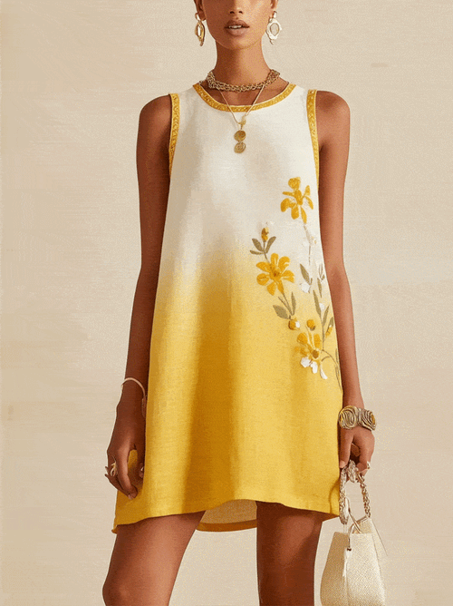 Yellow Ombre Sleeveless Mini Dress With Floral Embroidery