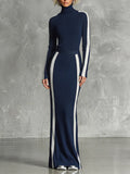 Women's Dark Navy Vertical Stripe Stretch Knit Matching Outfit With Slim Turtleneck Top & Fitted Maxi Skirt, Versatile Fashion Knit Two Piece Set MDZ2423G9LYL