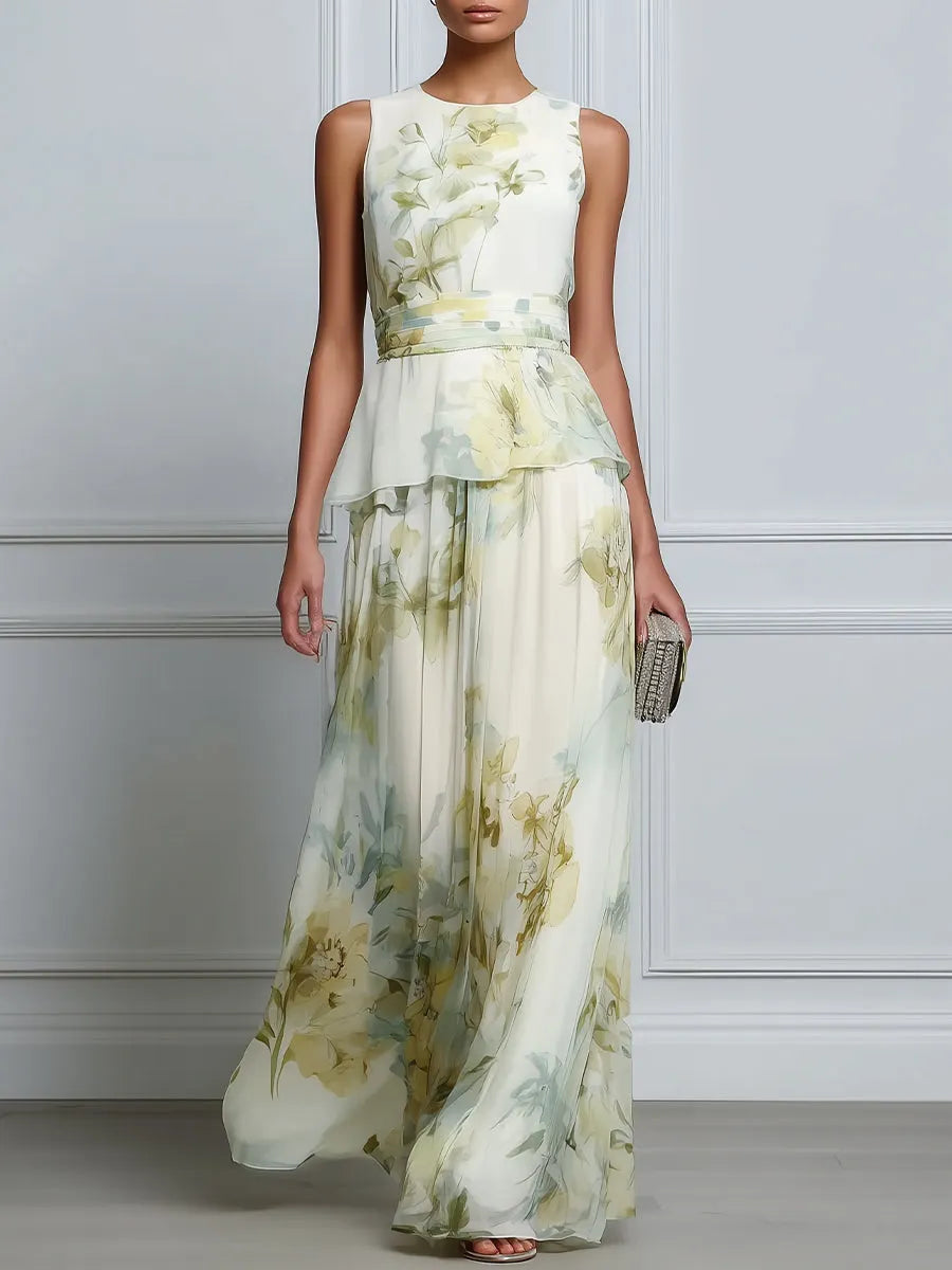 Layered Floral Sleeveless Waist Flowing Maxi Dress