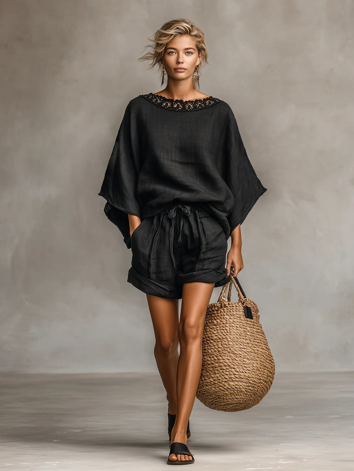Women's Minimalist Linen Blend Lace Boat Neck Blouse And Shorts Set MDZ1635A9Y