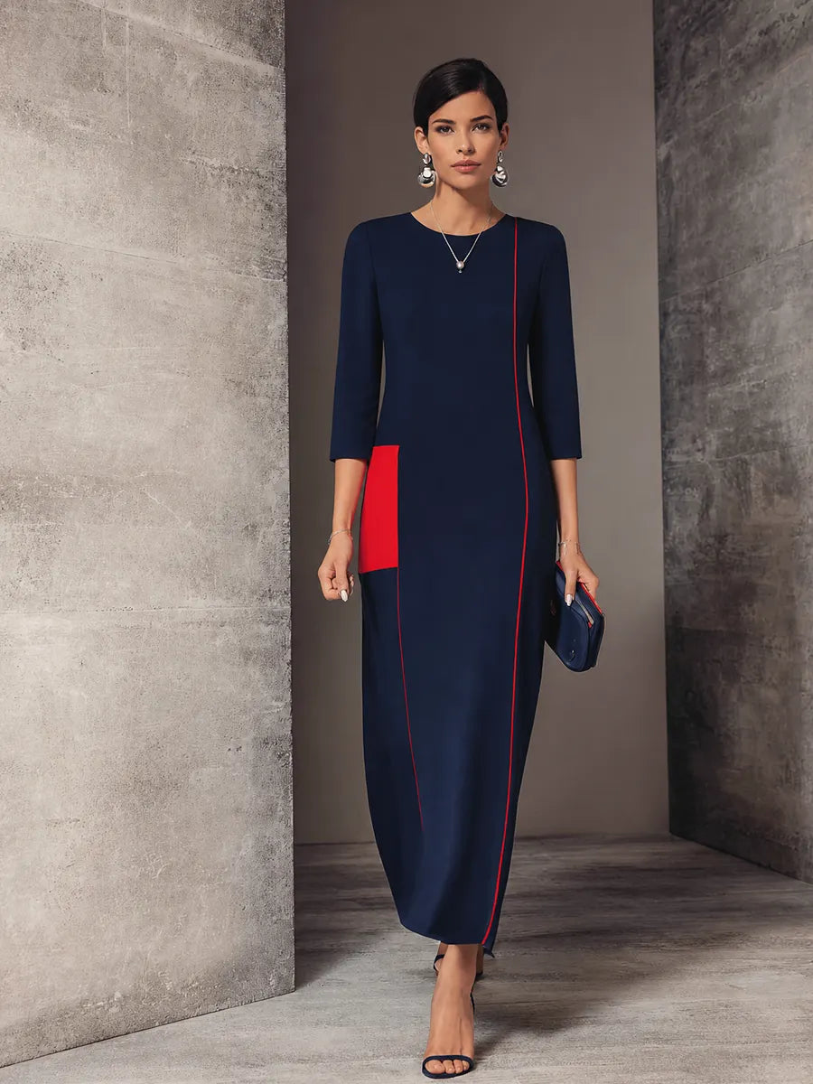 Women's Classic Navy Cotton Blend Contrast Stitch Patch Pocket 3/4 Sleeve Maxi Dress MDZ1494G0GMJ