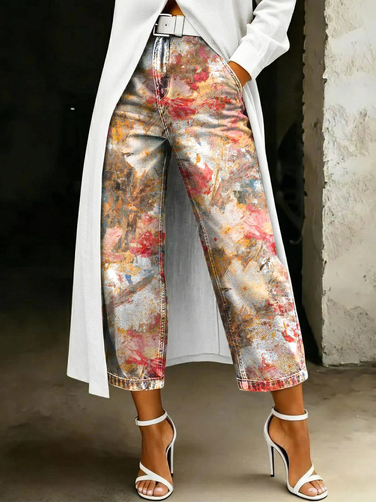 Women's Fashion Color-blocked Graffiti Floral Artistic Print Casual Wide-leg Denim Pants