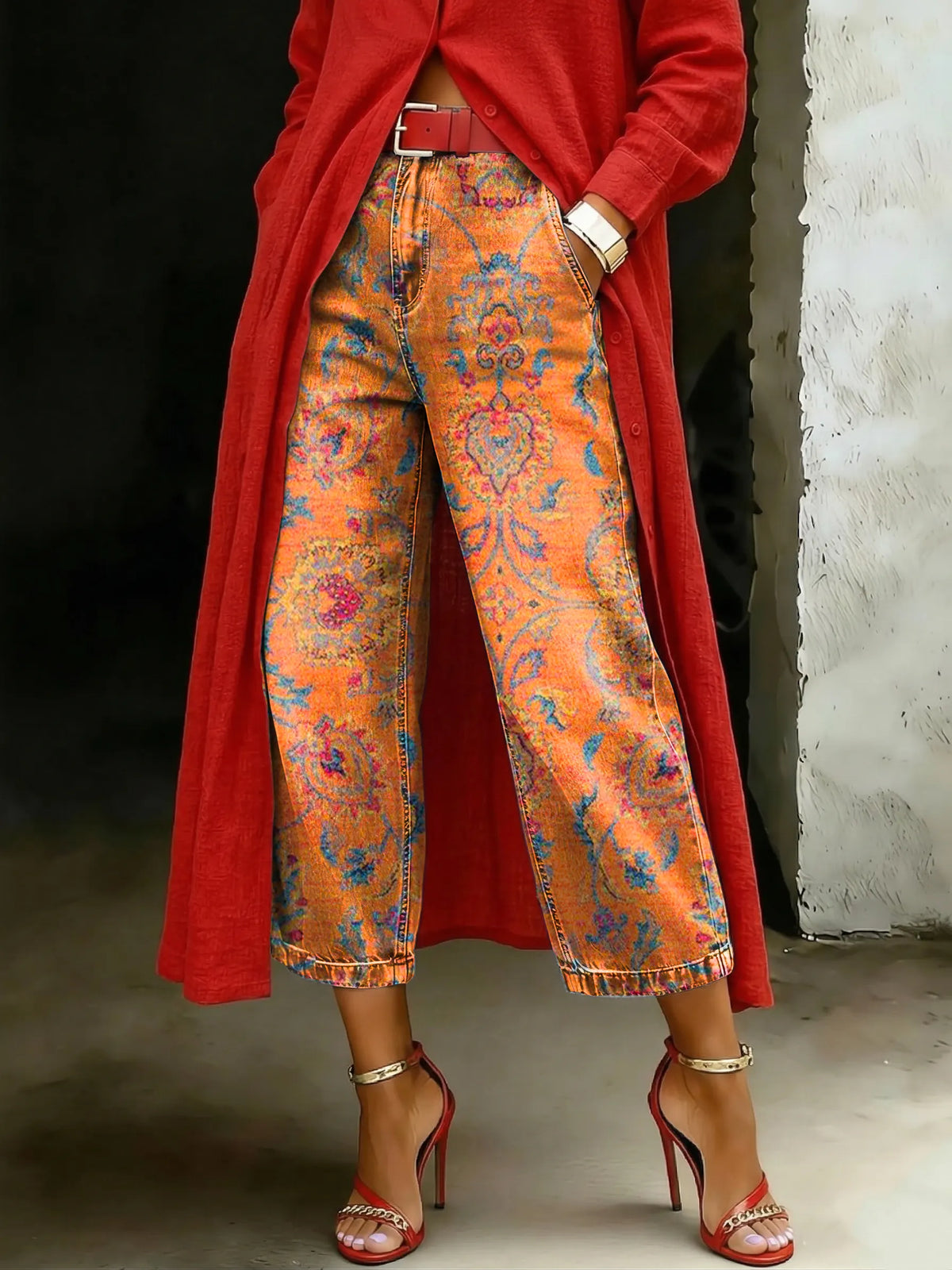 Women's Vintage Ethnic Floral Art Casual Wide Denim Pants