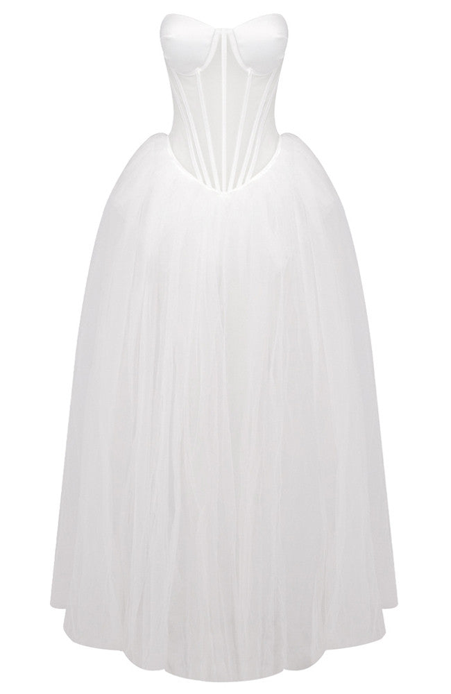 Strapless Corset A Line Maxi Dress White
