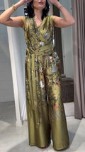 Women's V-Neck Printed Satin Casual Set