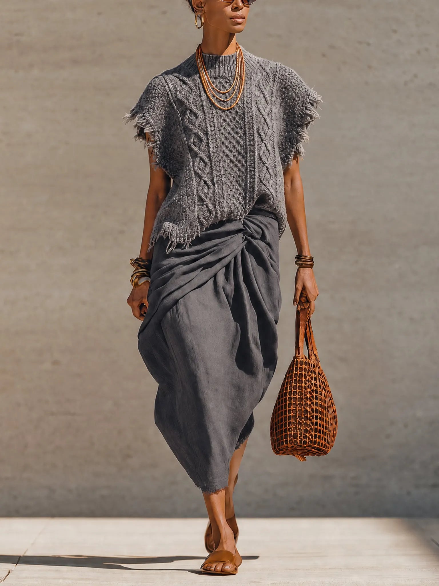 Gray Brushed Sleeveless Top And Linen Draped Skirt Set