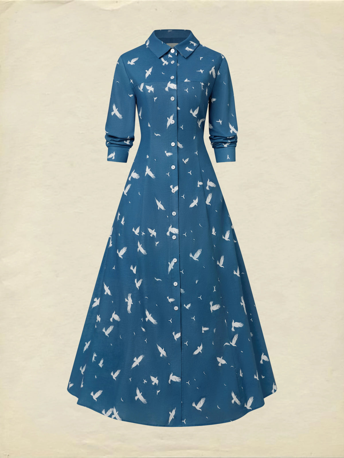 Maxi Linen Dress, Long Sleeves, Shawl Collar, Bird, Button Design, Vintage, Blue