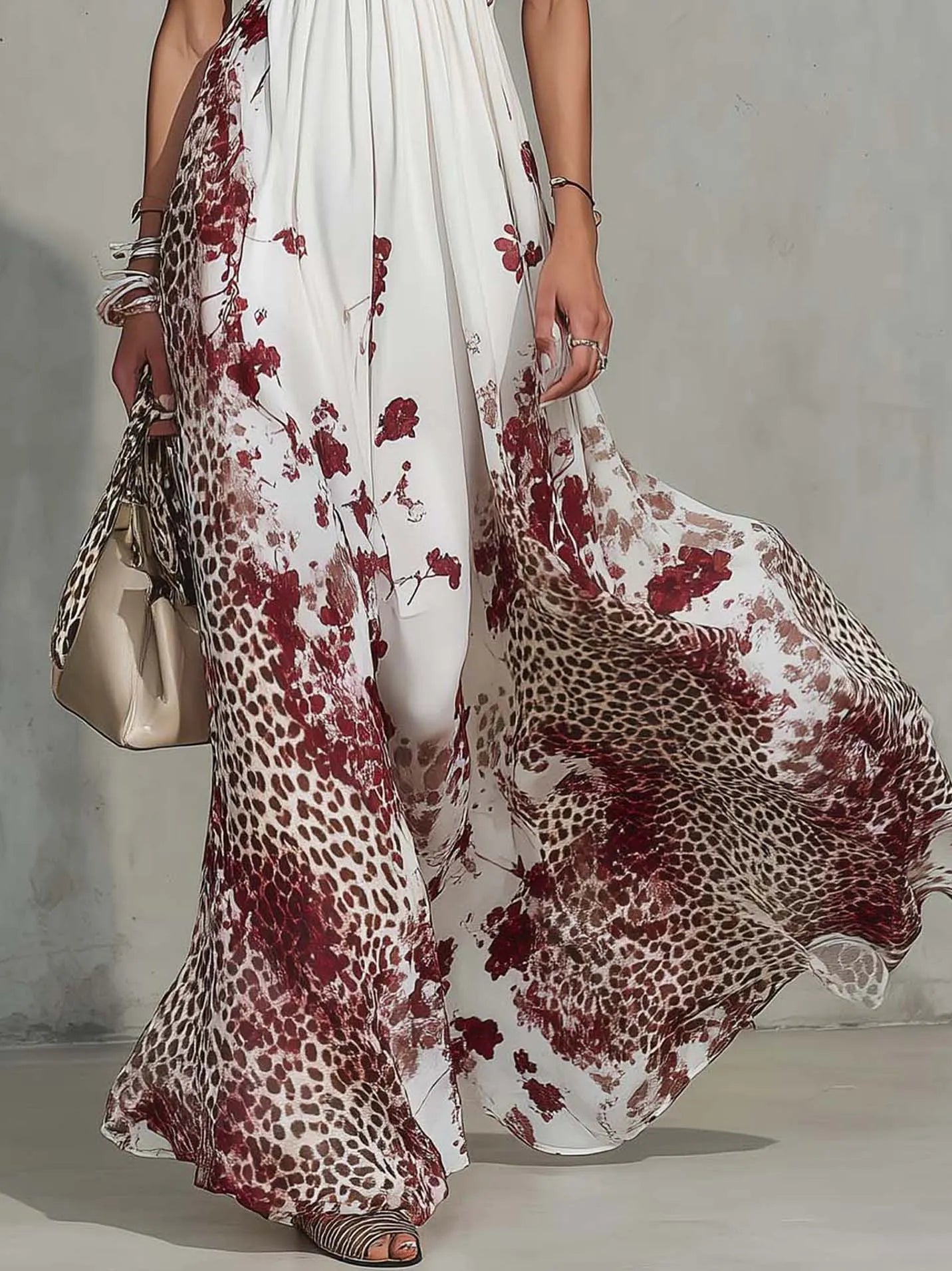 White Floral And Leopard Print Chiffon Halter Maxi Dress