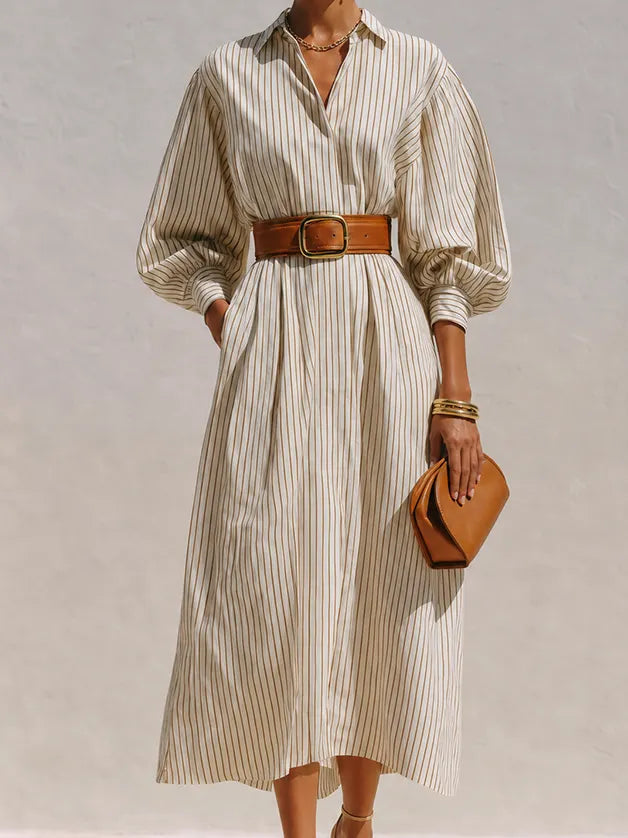 Women's Elegant Ivory Cotton Blend Pinstripe Collared Button-Front Balloon Sleeve Belted Midi Shirt Dress MDZ0739G0ZSQ