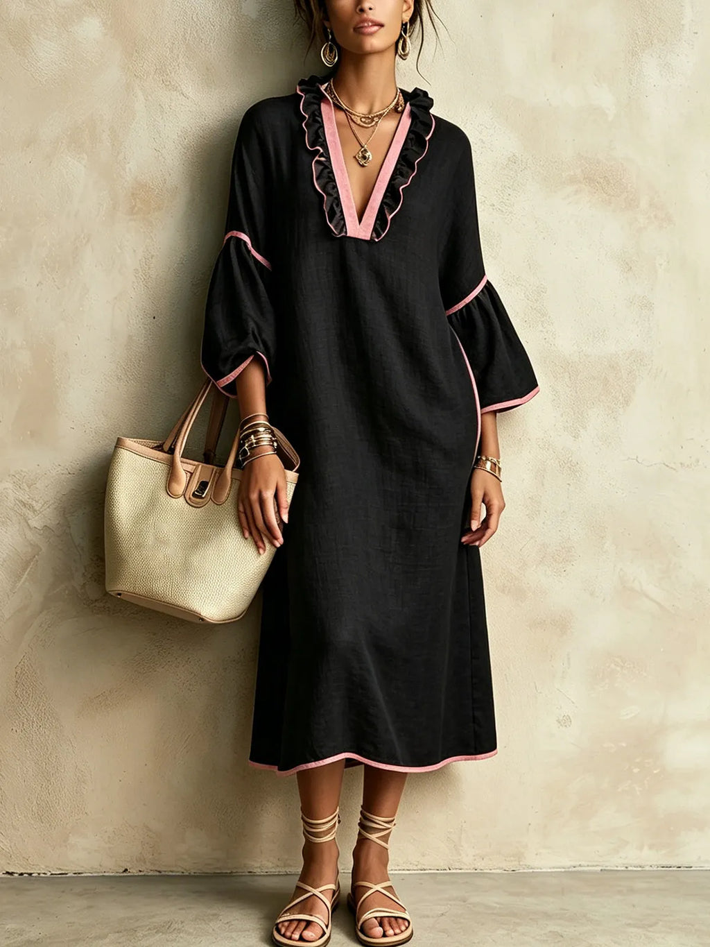 Black Ruffle Trim V-Neck Midi Dress With Pink Piping