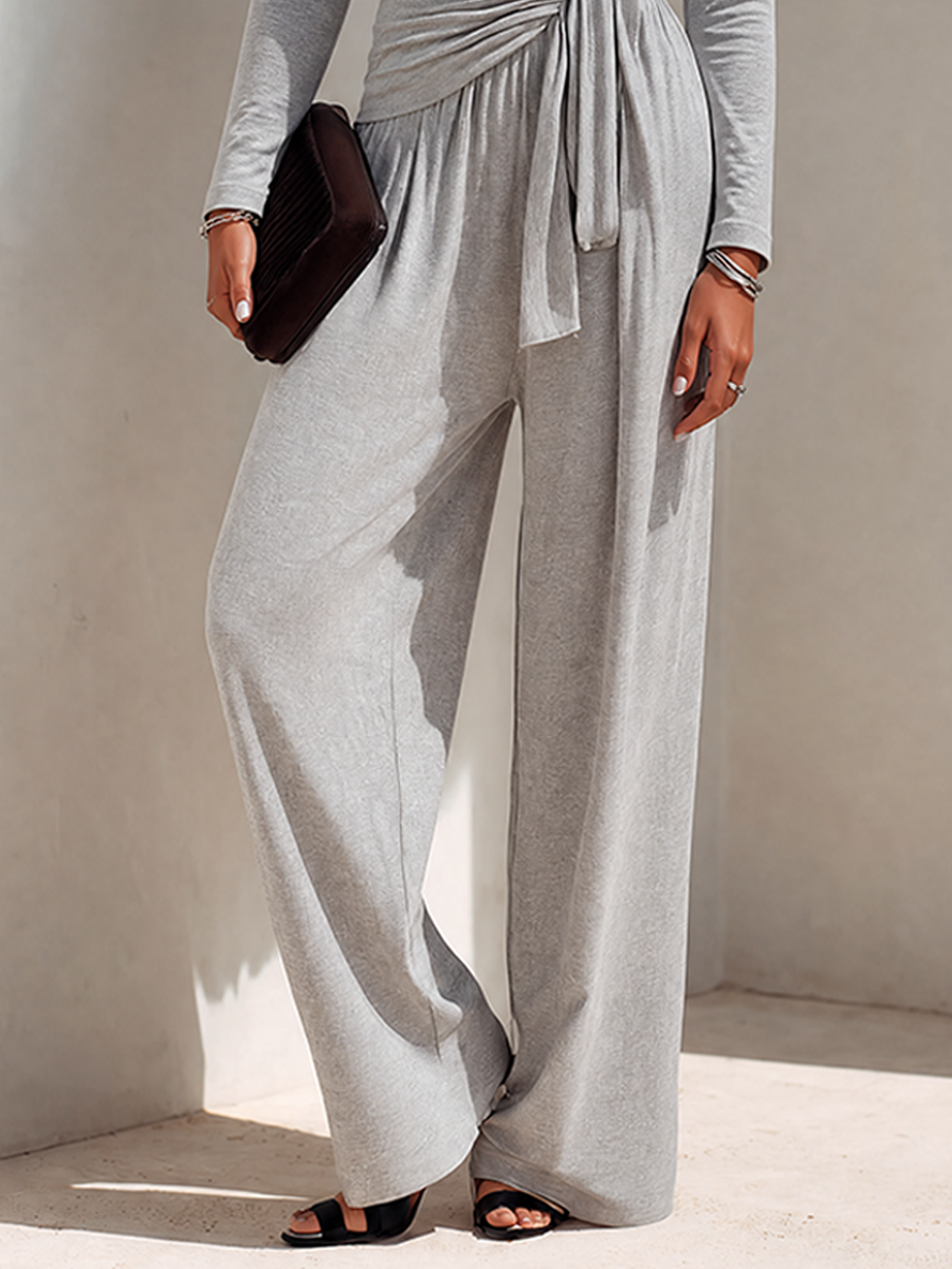 Women's Soft Light Grey Cotton-Blend Long-Sleeve Wrap Top & Wide-Leg Pants Set MDZ2286G0ZRK