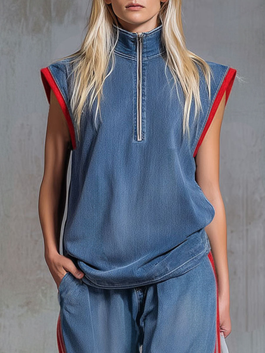 Loose-fitting Retro Denim Zip-up Sleeveless Top And Pants Set