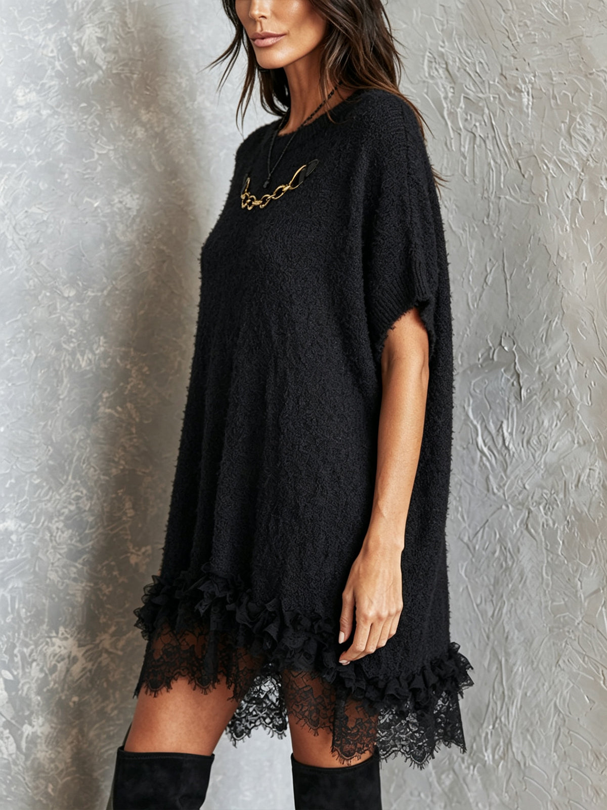 Black Oversized Lace Hem Mini Dress