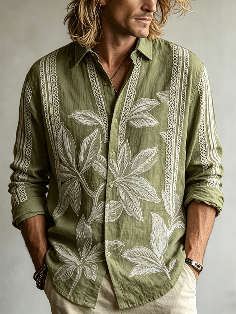 Men's Retro Plant Flower Embroidery Pattern Design Casual Linen Shirt