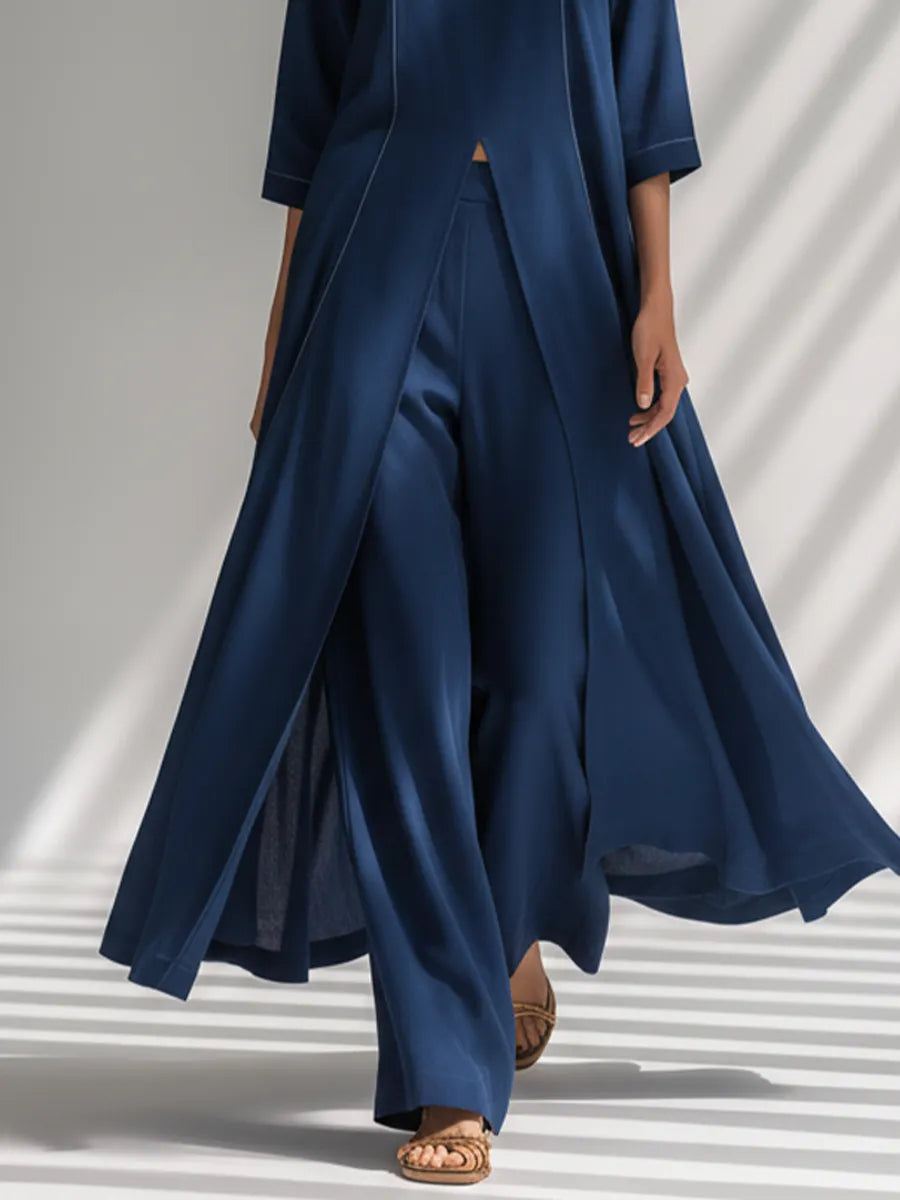Women's Navy Blue Light Chiffon Co-Ord With Contrast White Stitch Seam Tunic & High Waist Flowy Trousers, Modern Effortless-Chic Smart Casual Two-Piece Set MDZ2943F9LYL