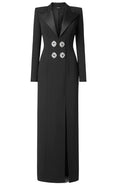 Long Sleeve Crystal Button Maxi Coat Dress Black