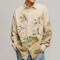 Men's Japanese-style Casual Shirt With Landscape And Crane Pattern