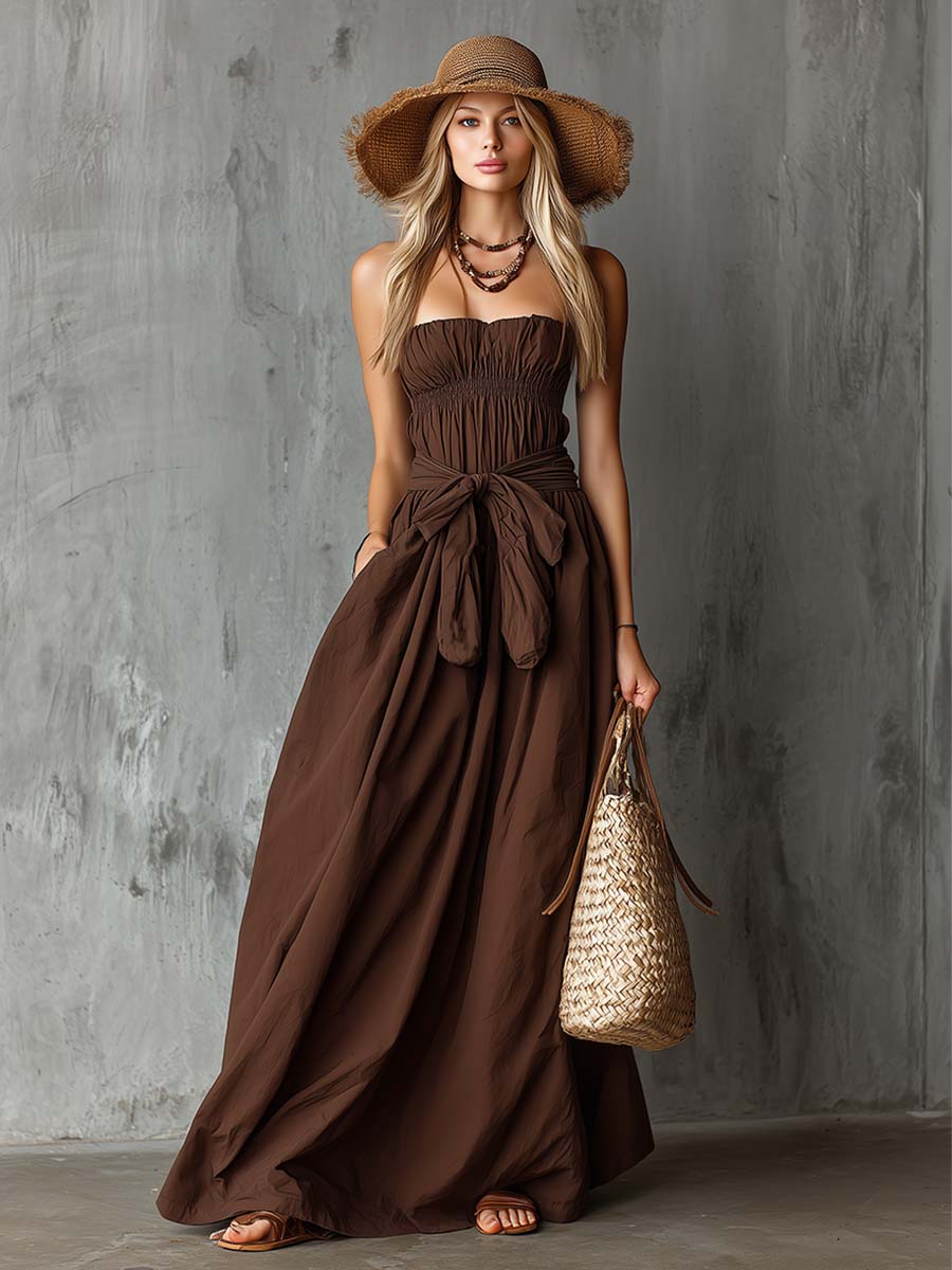 Elegant Retro Vacation-Style Strapless Brown Cotton Maxi Dress