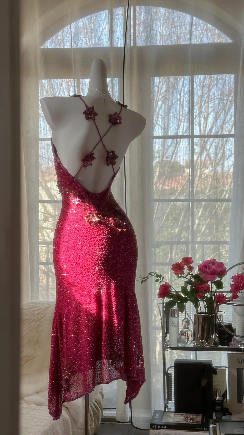 Pink Gorgeous Elegant Romantic Exquisite Beaded Sequin Midi/Short Chiffon Ball Gown Evening Dress Birthday/Wedding Guest Party Dress Prom Dress 4019