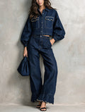 Women's Casual Dark Blue Long-sleeved Jacket Featuring Intricate Embroidery And A Faux-denim Look, Paired With Trousers MDZ0621G2LXY