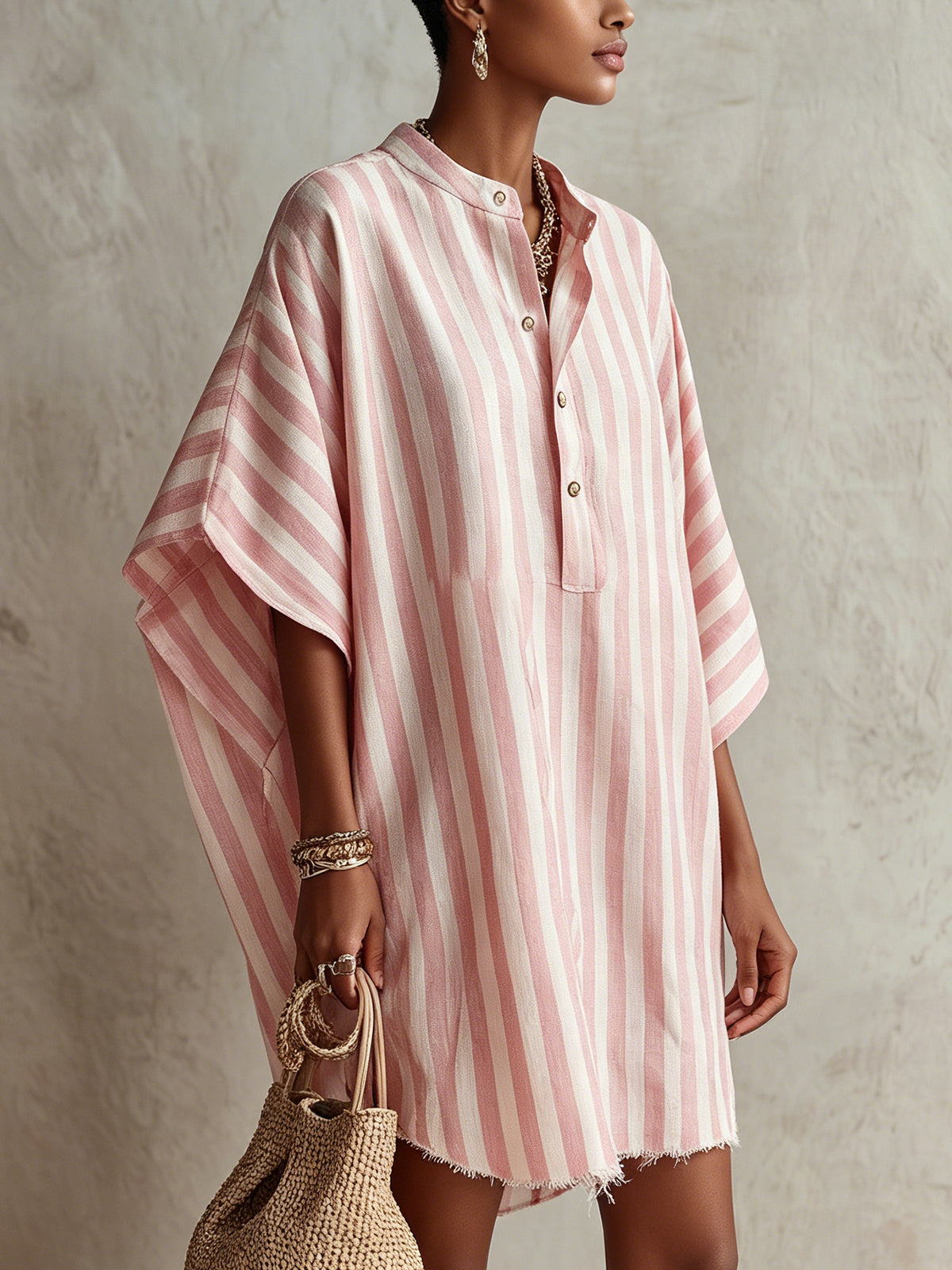 Pink And White Striped Oversized Shirt Dress With Button Neckline