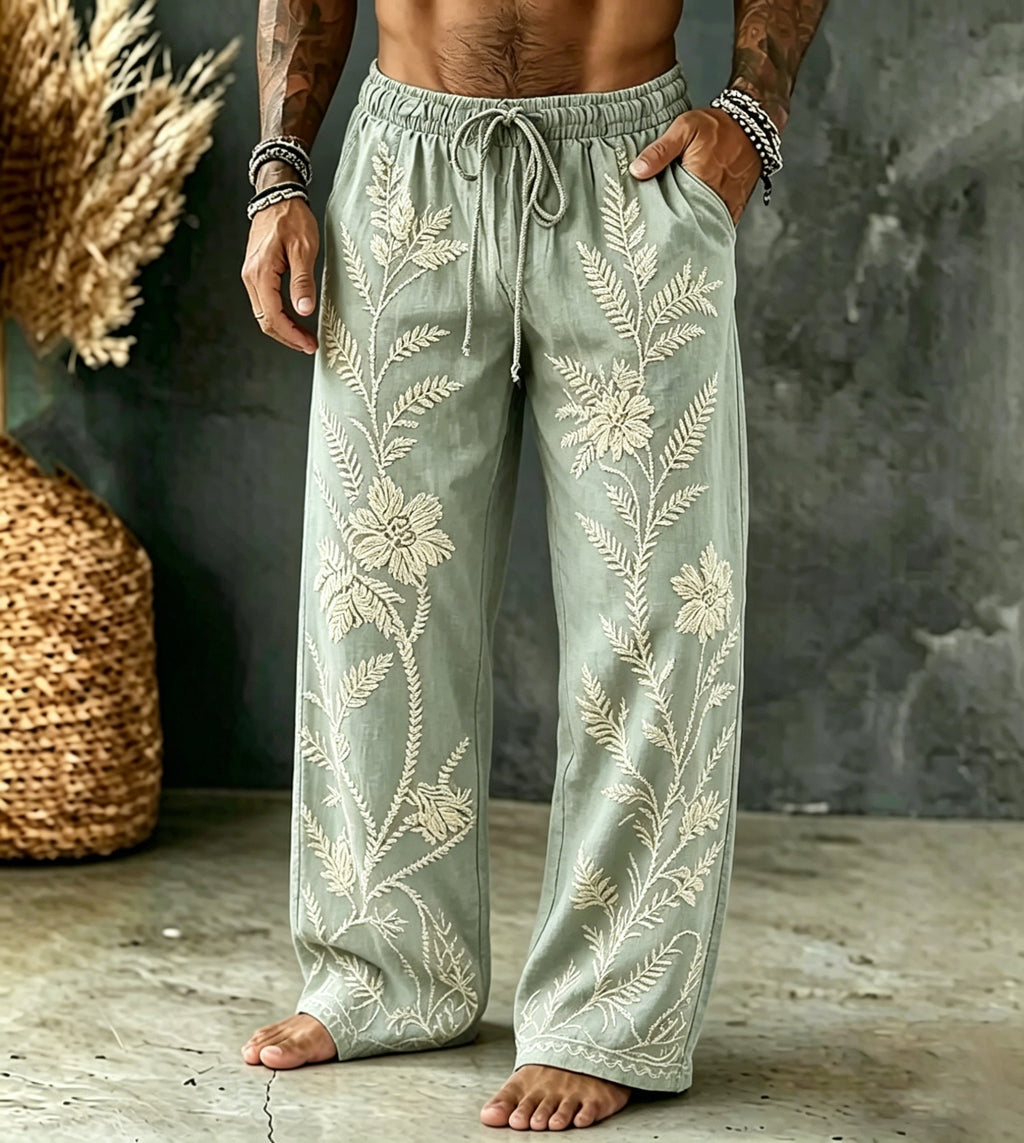 Men's Vintage Spring Floral Embroidered Art Print Flowy Linen Blend Casual Pants