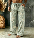 Men's Vintage Spring Floral Embroidered Art Print Flowy Linen Blend Casual Pants