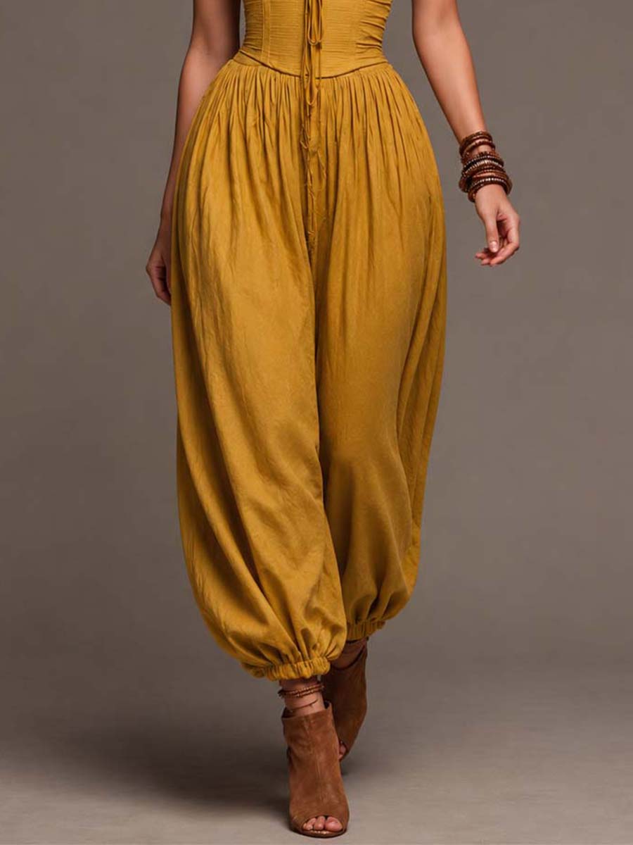 Bohemian Mustard Yellow Cotton Corset And Balloon Pants Jumpsuit
