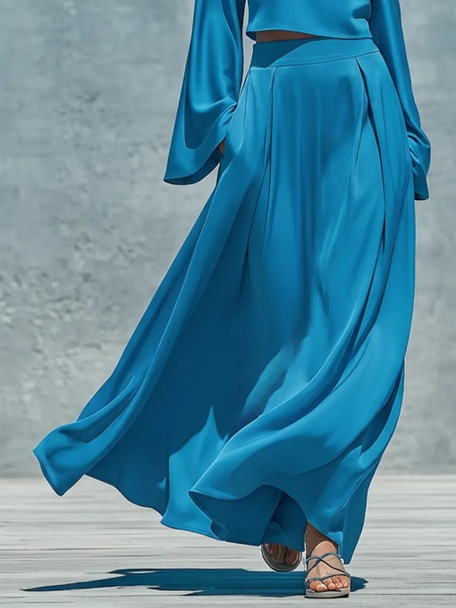 Women’s Blue Satin One Shoulder Halter Bell Sleeve Cropped Top & High Waist Pleated Flowy Maxi Skirt Two Piece Matching Set MDZ0207G7T