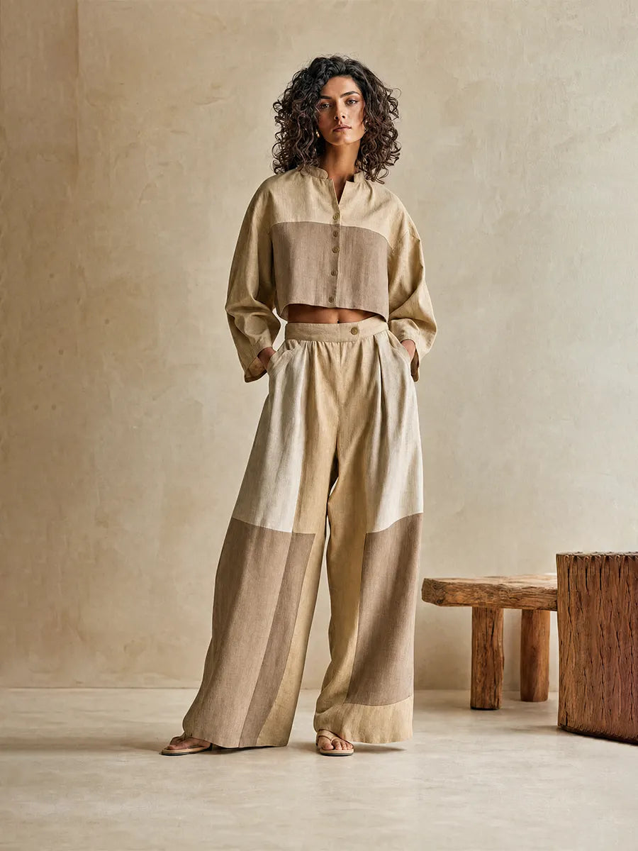 Women's Relax Vacation Khaki Color Block Stand Collar Long Sleeve Cropped Top & Wide Leg Pants Set MDZ0642G5Q