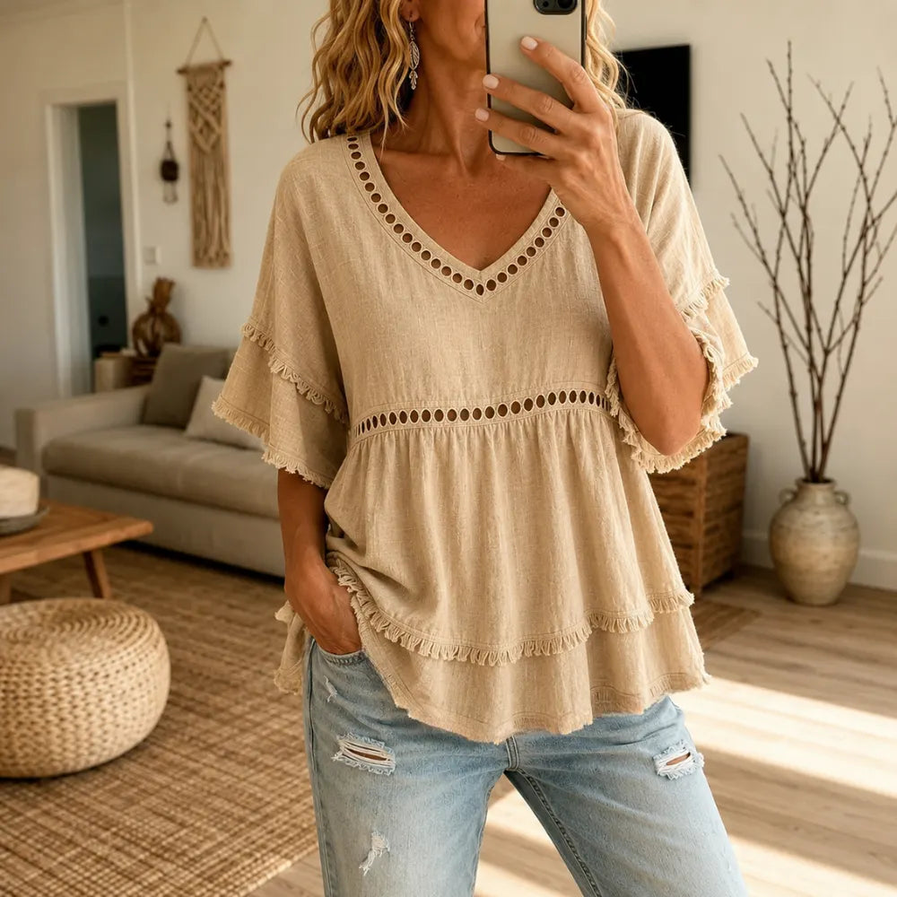 Meloria – Bohemian Babydoll Top with Eyelet Cutouts and Fringe Hem