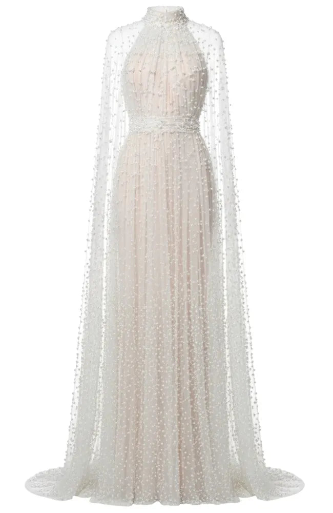 Pearl Cape Sleeves Maxi Dress White