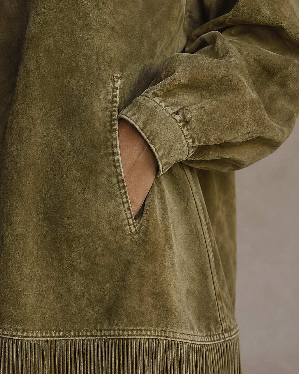 Olive Suede Fringe High-Neck Tunic Dress