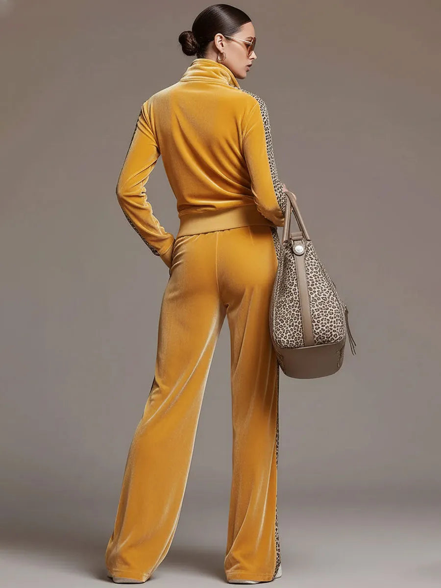 Casual Sporty Retro Leopard Print Trim Yellow Velvet Sweatshirt Wide-Leg Pants Set