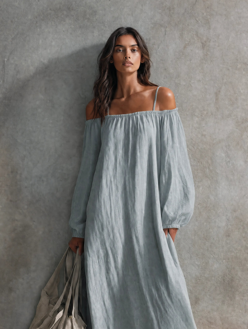 Women's Casual Light Grey-blue Cotton-linen Maxi Dress With Spaghetti Straps, Off-shoulder Design, And Long Sleeves MDZ0266G4LXY