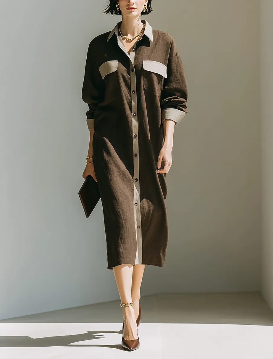 Women's Minimalist Solid Brown & Contrast-Color Linen Midi Shirt Dress MDZ0793G7ZRK