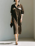 Women's Minimalist Solid Brown & Contrast-Color Linen Midi Shirt Dress MDZ0793G7ZRK