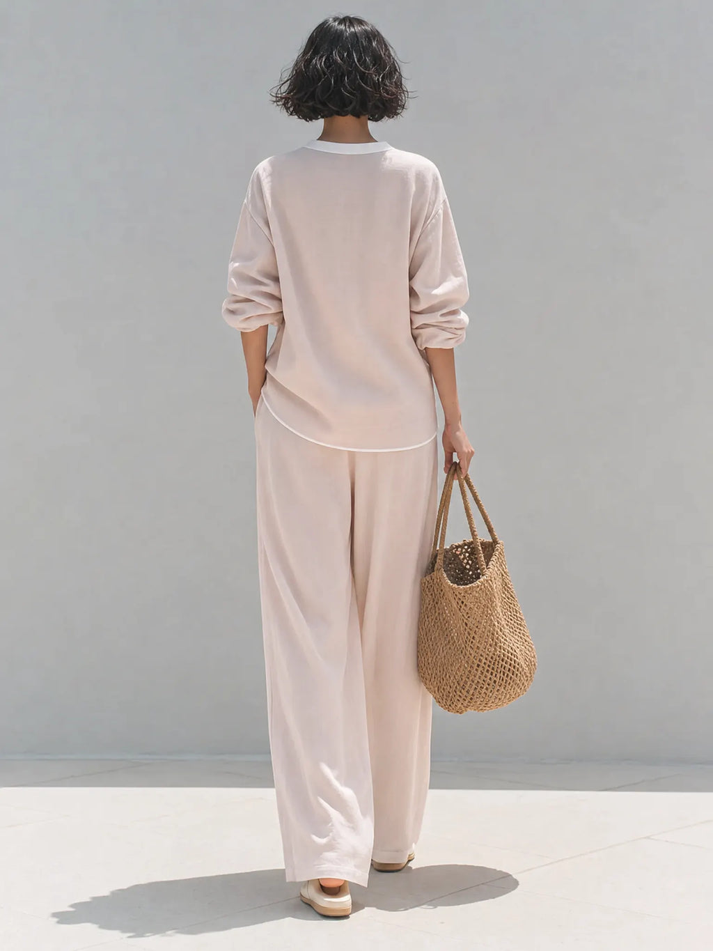 Women's Minimalist Blush Pink Viscose Blend V-Neck Contrast Trim Wrap Front Long Sleeve Top And Wide-Leg Pants Two-Piece Set MDZ1355G4ZSQ