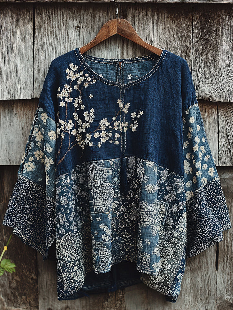 Vintage Japanese Traditional Sashiko Art Pattern Linen Blend Casual Tops