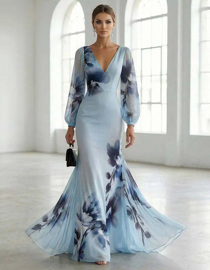 Light Blue Gradient Ink Wash Floral Chiffon V Neck Long Sleeves Maxi Dress