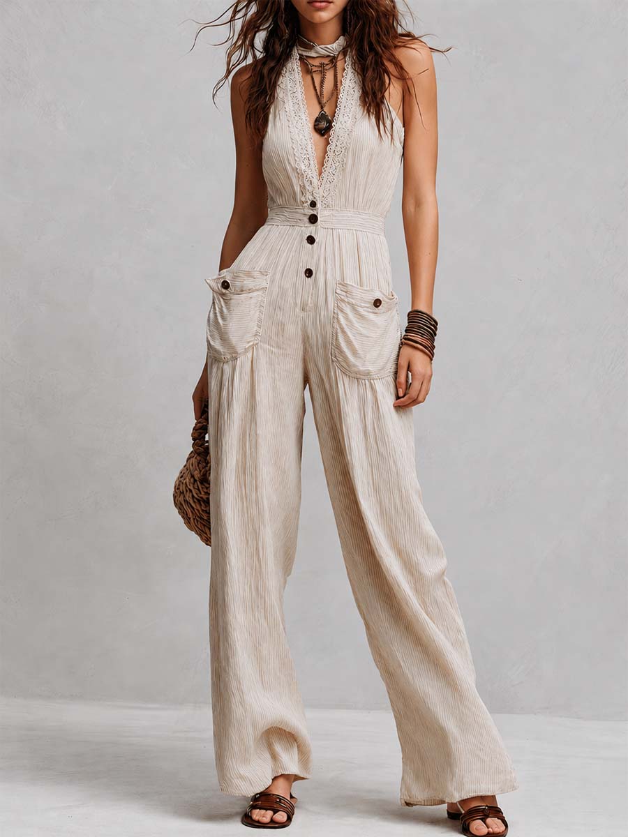 Beige Pinstripe Cotton Halter Lace-Trimmed Wide-Leg Jumpsuit