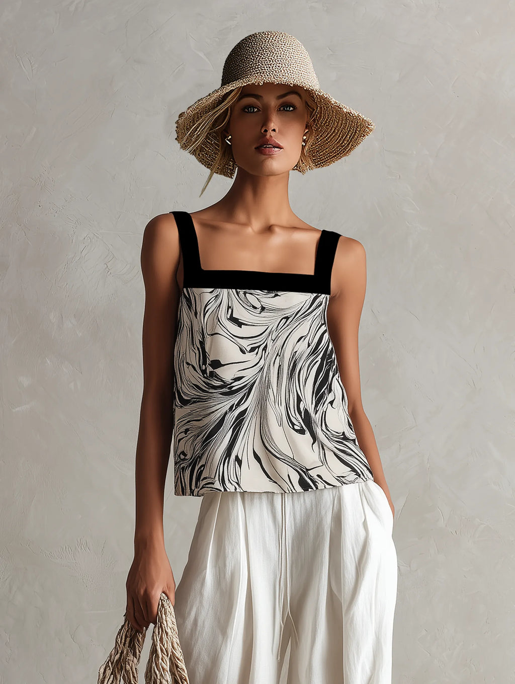 Women's Minimalist Marble-Print Sleeveless Tank Top And Linen-Blend Wide-Leg Pants Set MDZ3064F8WY