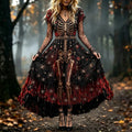 Women's Halloween Skull And Spider Art Distressed V-neck Short Sleeve Dress