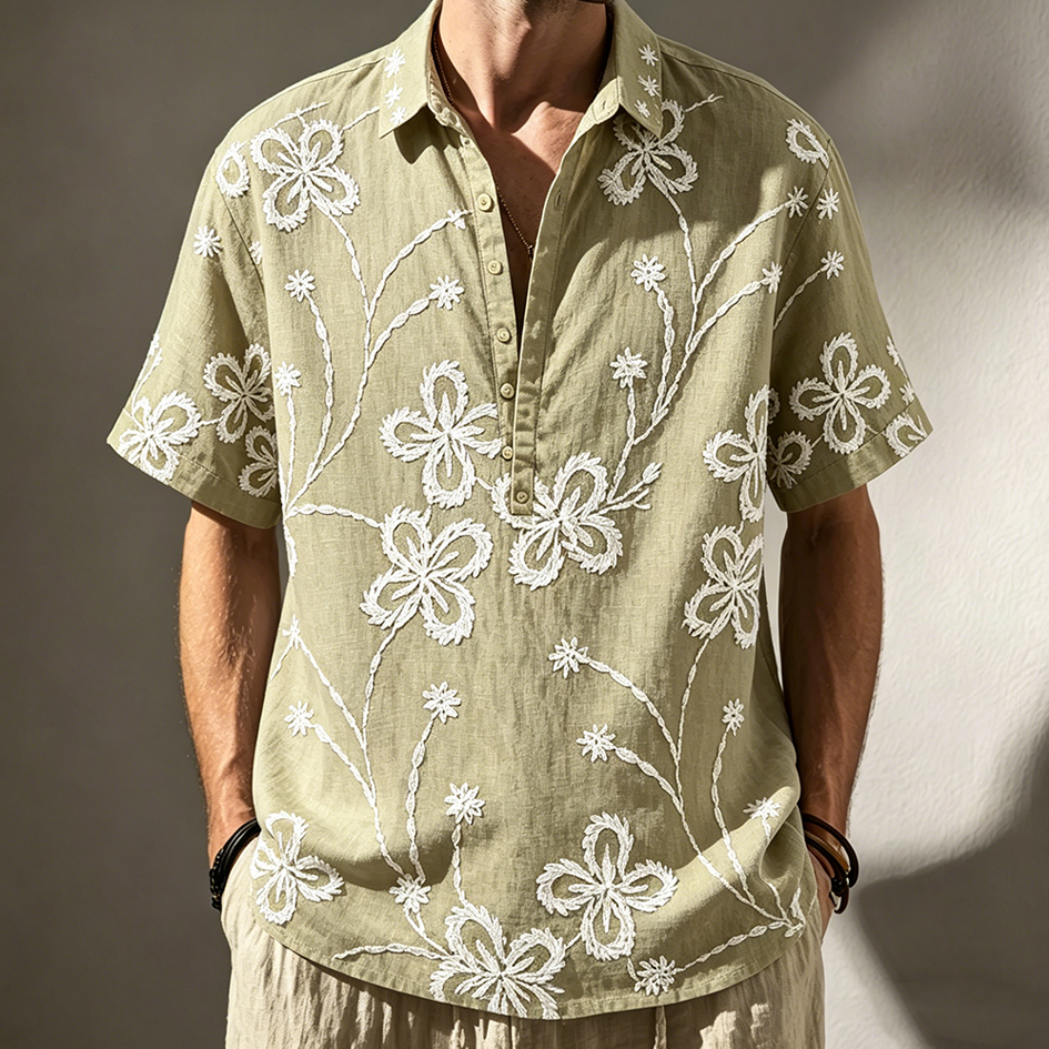 Men's Plant Embroidery Design Spring And Summer Casual Linen Short-sleeve Shirt