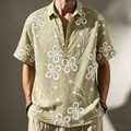 Men's Plant Embroidery Design Spring And Summer Casual Linen Short-sleeve Shirt